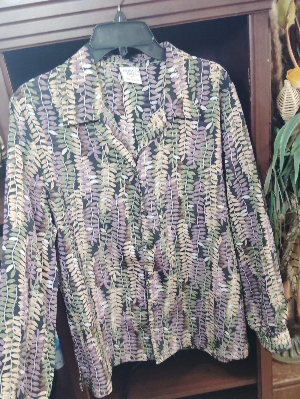 Allison Daley Leaf-Print Button-Down Blouse in Purple, Green and Cream